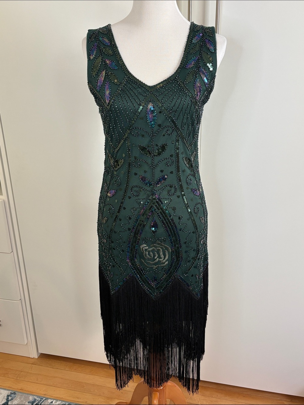 Sleeveless Emerald Beaded Fringe Midi Dress